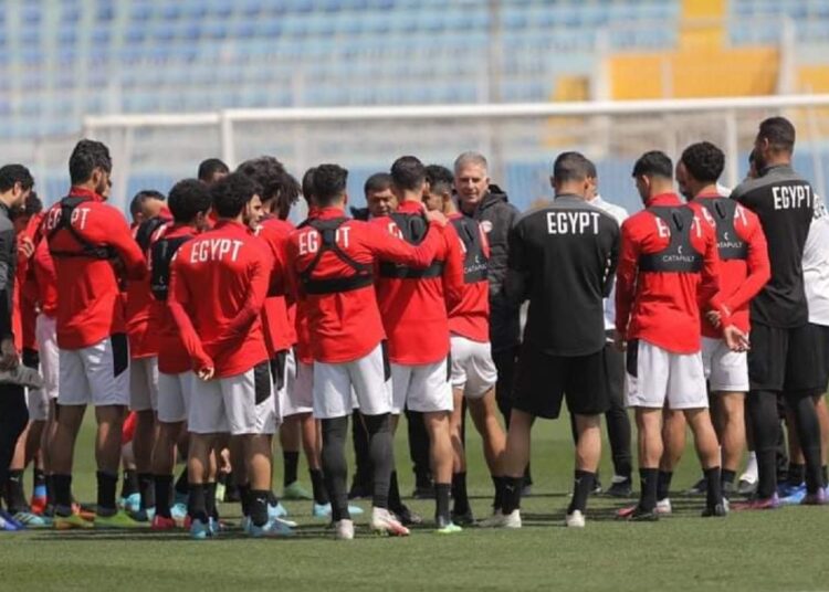 Egypt’s national team players during a training session ahead of their match against  Senegal in the second-leg of the decisive round of the African qualifiers for the 2022 World Cup.