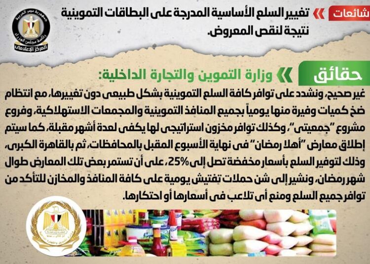 Egyptian Cabinet's media center denied news reports about changing basic commodities listed in ration cards due to a shortage of goods.