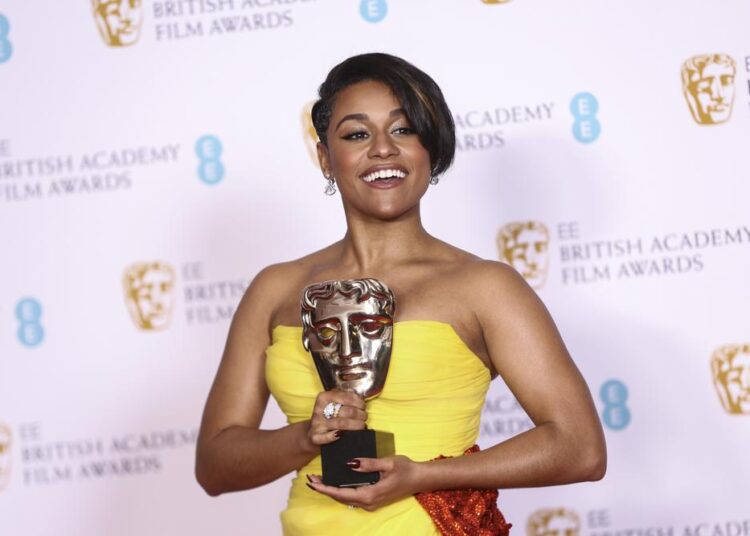 Ariana Debose holds her Supporting Actress award for her role in the film 'West Side Story' at the 75th British Academy Film Awards, BAFTA's, in London Sunday, March 13, 2022.