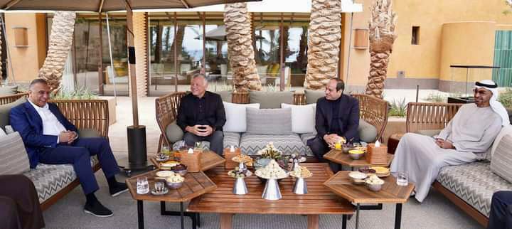 Egypt, Jordan, Iraq, UAE eyeing closer co-operation 1 - Egyptian Gazette CAP: President Sisi (second from right) during his meeting on Friday with Jordan's King Abdullah II, UAE Crown Prince Mohamed bin Zayed and Iraqi Prime Minister Kadhimi in Aqaba.