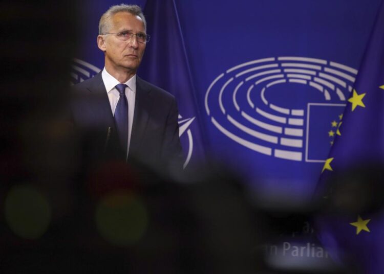 NATO Secretary General Jens Stoltenberg pauses as he delivers a statement to the media prior to a meeting at the European Parliament in Brussels, yesterday.