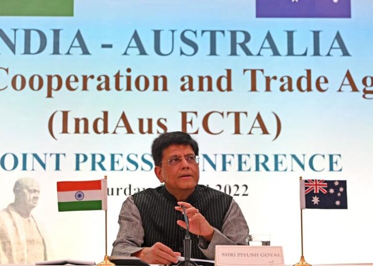 India, Australia ink interim trade deal 1 - Egyptian Gazette India's commerce minister Piyush Goyal and his Australian counterpart signed an interim free trade deal for the two countries Saturday, which will cut tariffs on billions of dollars of commerce.
