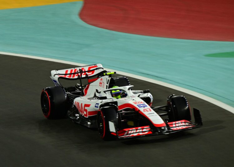 Haas' German driver Mick Schumacher drives during the qualifying session on the eve of the 2022 Saudi Arabia Formula One Grand Prix at the Jeddah Corniche Circuit.