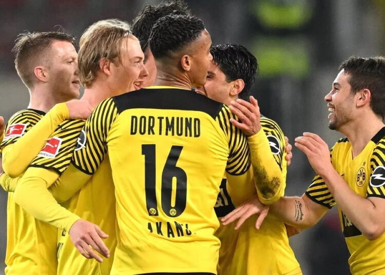 Julian Brandt of Dortmund celebrates during the Bundesliga match between VfB Stuttgart and Borussia Dortmund at Mercedes-Benz Arena in Stuttgart.