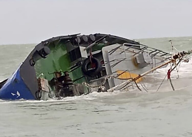 A view of the merchant ship Xelo which sank in Tunisian territorial waters, in the Gulf of Gabès, off the south-eastern coast of Tunisia.