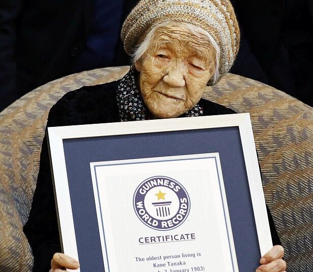 Kane Tanaka was born January 2, 1903, in the southwestern Fukuoka region of Japan, the same year the Wright brothers flew for the first time and Marie Curie became the first woman to win a Nobel Prize (Tanaka pictured receiving Guinness World Records certificate in 2019)