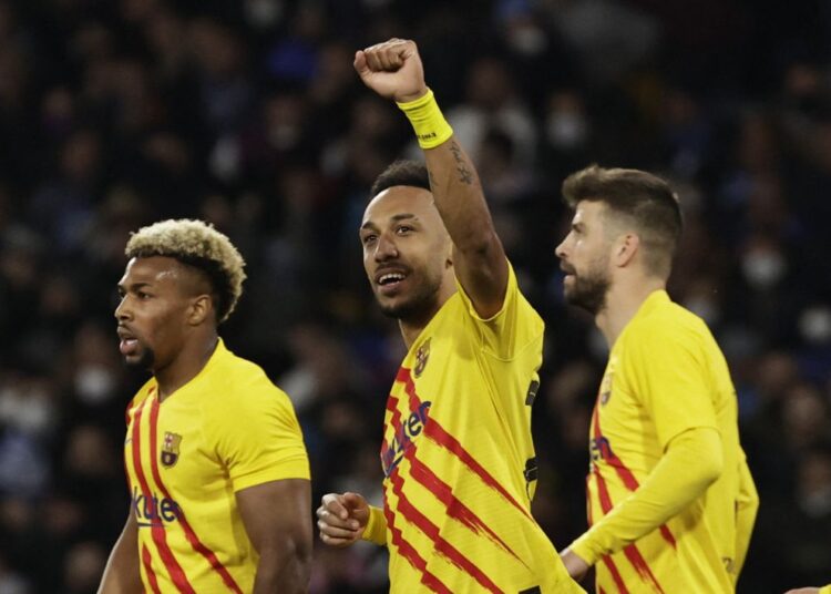 Barcelona's Pierre-Emerick Aubameyang celebrates scoring their fourth goal against Napoli at Stadio Diego Armando Maradona, Naples February 24, 2022.