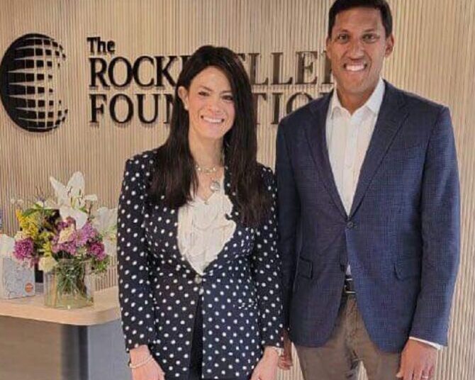 Egypt increased investments in grain storage silos to achieve food security 1 - Egyptian Gazette Egypt’s International Cooperation Minister Rania el-Mashat after her meeting with Rajiv Shah, President of the Rockefeller Foundation in Washington.