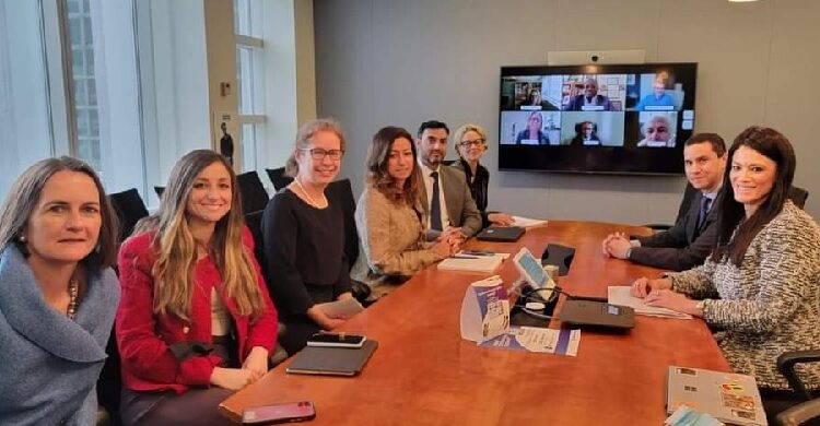 Rania el-Mashat (1st R) during her meeting with Ayat Soliman, the Regional Director for the World Bank's Sustainable Development Department for the Middle East and North Africa and Paul Noumba, the Regional Director of the World Bank's Infrastructure Department in the Middle East and North Africa region, as well as other bank officials.