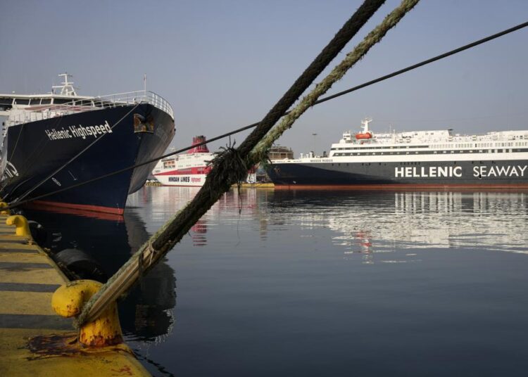 Ferries are docked during a 24-hour nationwide strike at Piraeus port, near Athens, Greece, on Wednesday, April 6, 2022.