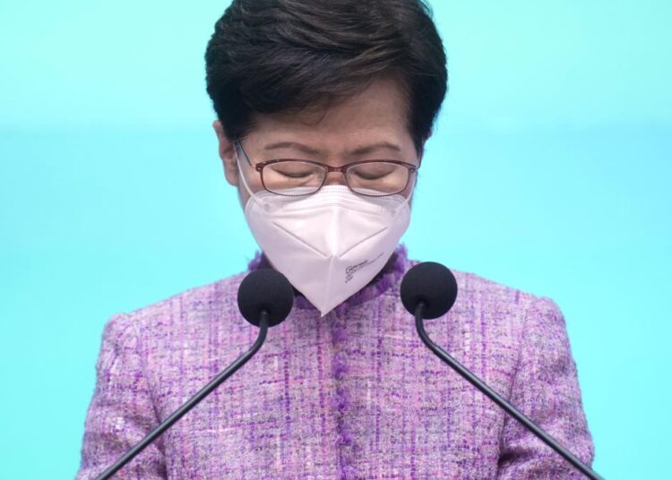 Hong Kong leader Lam won’t seek new term after rocky 5 years 1 - Egyptian Gazette Hong Kong Chief Executive Carrie Lam pauses during a news conference in Hong Kong, Monday, April 4, 2022. Lam, who survived massive protests against her government in 2019 and oversaw the implementation of a tough national security law that quashed dissent, said Monday she will not seek a second term. Her successor will be picked in May.