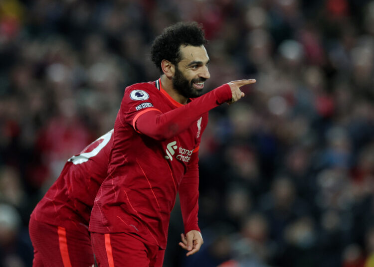 Liverpool’s Mohamed Salah celebrates scoring their fourth goal in the match against Manchester United at Anfield, Liverpool, April 19, 2022.