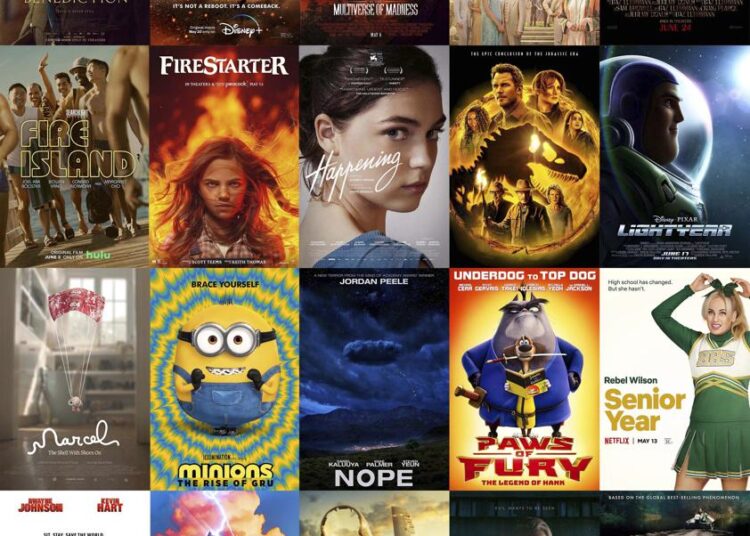 This combination of photos shows poster art for upcoming films, top row from left, "Benediction," "Chip ‘n Dale: Rescue Rangers," "Doctor Strange in the Multitude of Madness," "Downton Abbey: A New Era," "Elvis," second row from left, "Fire Island," "Firestarter," "Happening," "Jurassic World Dominion," "Lightyear," third row from left, "Marcel the Shell with Shoes On," "Minions: The Rise of Gru," "Nope," "Paws of Fury," "Senior Year," bottom row from left, "DC League of Super Pets," "Thor: Love and Thunder," "Top Gun Maverick," "Watcher," and Where the Crawdads Sing." (Roadside Attractions, top row from left, Disney+, Marvel Studios, Focus Features, Warner Bros., second row from left, Hulu/Searchlight Pictures, Universal, IFC Films, Universal, Disney, third row from left, A24, Universal, Warner Bros., Paramount, Netflix, bottom row from left, Warner Bros., Marvel Studios, Paramount, IFC Films and Sony Pictures via AP)