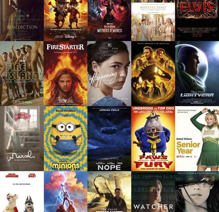 This combination of photos shows poster art for upcoming films, top row from left, "Benediction," "Chip ‘n Dale: Rescue Rangers," "Doctor Strange in the Multitude of Madness," "Downton Abbey: A New Era," "Elvis," second row from left, "Fire Island," "Firestarter," "Happening," "Jurassic World Dominion," "Lightyear," third row from left, "Marcel the Shell with Shoes On," "Minions: The Rise of Gru," "Nope," "Paws of Fury," "Senior Year," bottom row from left, "DC League of Super Pets," "Thor: Love and Thunder," "Top Gun Maverick," "Watcher," and Where the Crawdads Sing." (Roadside Attractions, top row from left, Disney+, Marvel Studios, Focus Features, Warner Bros., second row from left, Hulu/Searchlight Pictures, Universal, IFC Films, Universal, Disney, third row from left, A24, Universal, Warner Bros., Paramount, Netflix, bottom row from left, Warner Bros., Marvel Studios, Paramount, IFC Films and Sony Pictures via AP)