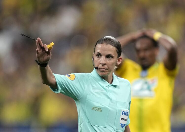 Referee Stephanie Frappart gives directions during the French Cup final soccer match between Nice and Nantes at the Stade de France stadium, in Saint Denis, north of Paris, on May 7, 2022.