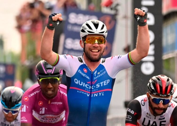 Britain's Mark Cavendish celebrates after winning the third stage of the Giro d'Italia cycling race.