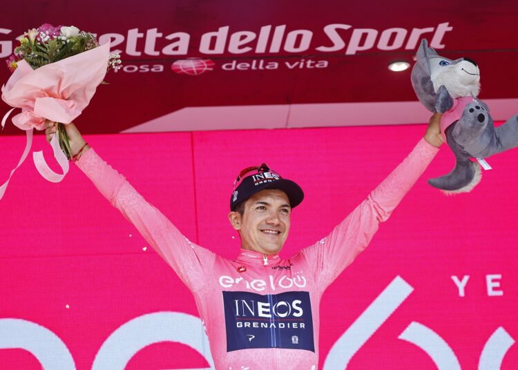 Ecuador's Carapaz takes Giro lead after frenetic 14th stage 1 - Egyptian Gazette Ecuador cyclist Richard Carapaz celebrates on the podium after winning the 14th stage of the Giro D'Italia cycling race from Santena to Turin.