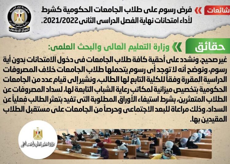 The Egyptian Cabinet’s media center denied Saturday reports on imposing fees on students of governmental universities to allow them to take the second term exams for academic year 2021-2022.