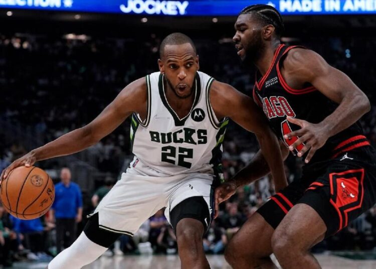 Milwaukee Bucks' Khris Middleton tries to get past Chicago Bulls' Patrick Williams during the first-half of Game 2 of their NBA playoff game.