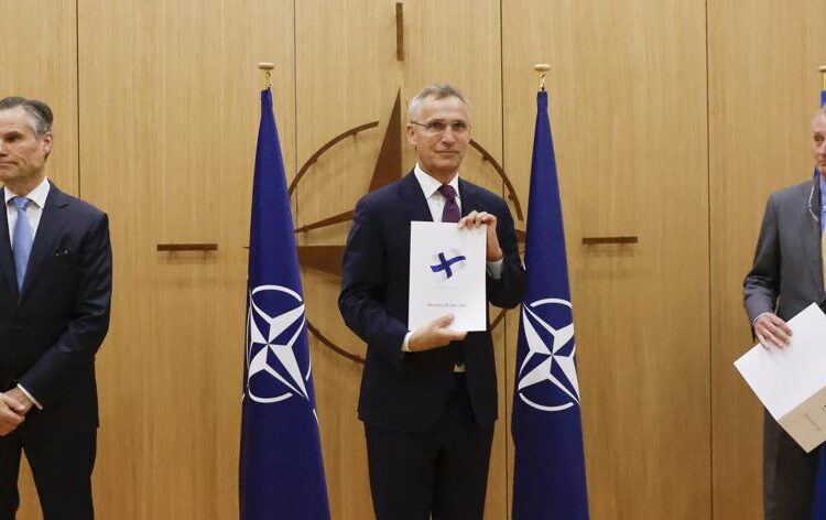 NATO chief hails 'historic moment' as Finland, Sweden apply 1 - Egyptian Gazette Finland's Ambassador to NATO Klaus Korhonen, NATO Secretary-General Jens Stoltenberg and Sweden's Ambassador to NATO Axel Wernhoff attend a ceremony to mark Sweden's and Finland's application for membership in Brussels, Belgium, on Wednesday May 18, 2022.