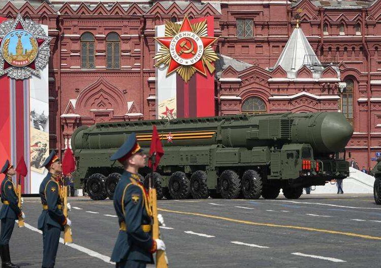 A Russian RS-24 Yars ballistic missile rolls in Red Square during a dress rehearsal for the Victory Day military parade in Moscow, Russia, Saturday, May 7, 2022. The parade will take place at Moscow's Red Square on May 9 to celebrate 77 years of the victory in WWII.