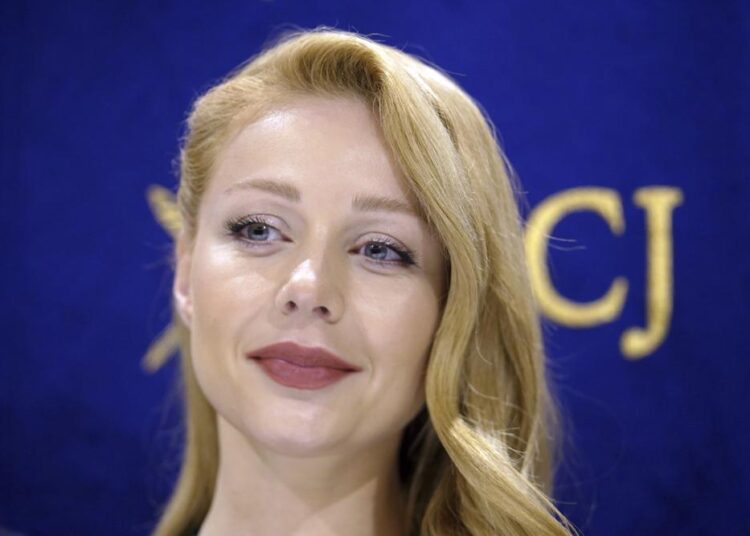 Tina Karol, Ukrainian singer and actress, poses prior to a press conference with Hiroshi Mikitani, CEO of Rakuten, Inc. and Sergiy Korsunsky, Ambassador of Ukraine to Japan, not in picture, at the Foreign Correspondents' Club of Japan, Monday, May 16, 2022, in Tokyo.