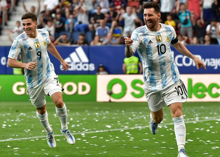 Argentina's Lionel Messi celebrates scoring his side's third goal during friendly match against Estonia at El Sadar stadium in Pamplona, northern Spain.