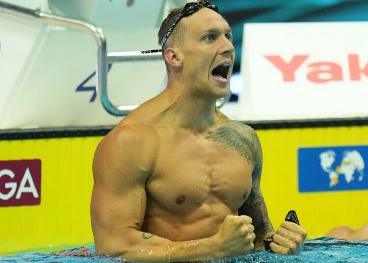 Caeleb Dressel of the United States celebrates after winning the Men 50m Butterfly final at the 19th FINA World Championships in Budapest, Hungary.