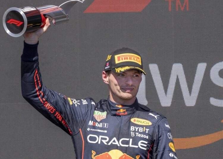 Max Verstappen, celebrates after winning the Canadian Grand Prix auto race in Montreal.