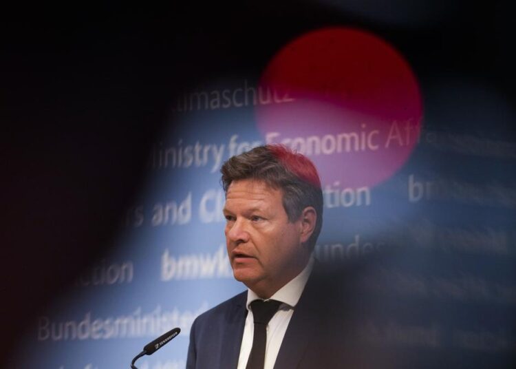 German Economy and Climate Minister Robert Habeck speakes during a news conference in Berlin, Germany, Thursday.