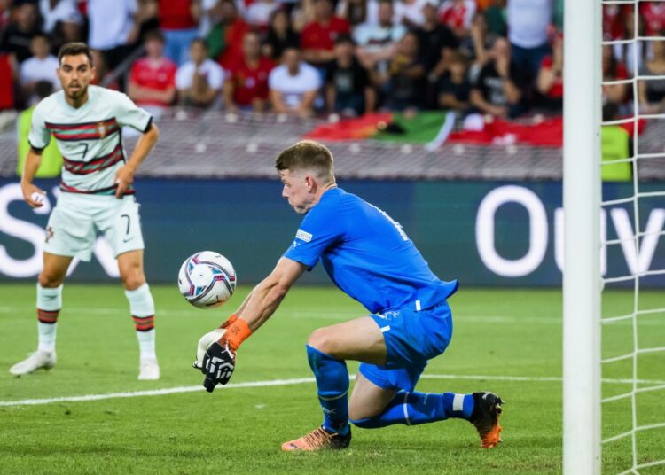 Switzerland's goalkeeper Jonas Omlin in action during the UEFA Nations League group A2 match against Portugal in Geneva.