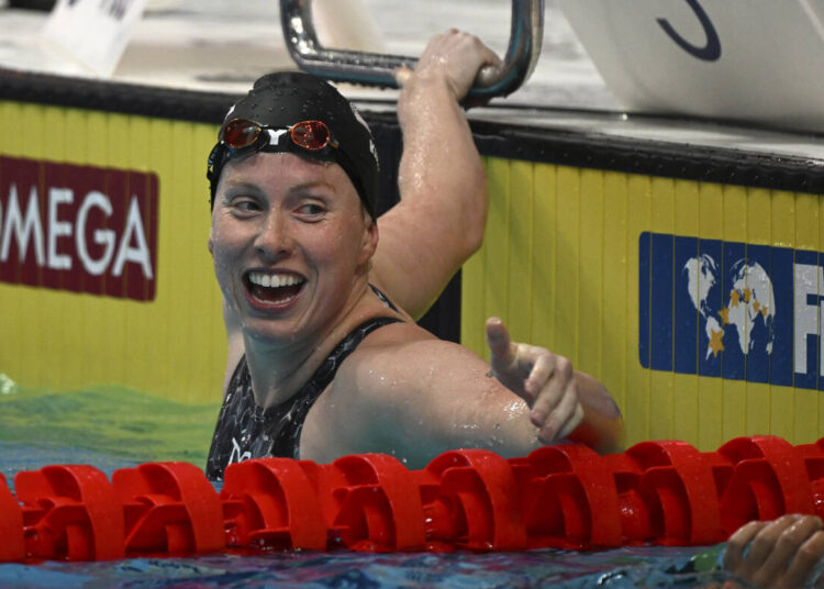 Lilly King of the United States celebrates after the Women 200m Breaststroke final at the 19th FINA World Championships in Budapest.