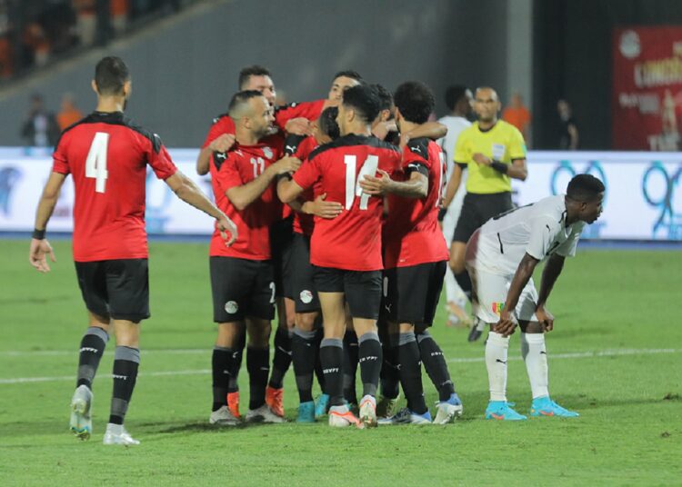 Egypt’s players celebrating after scoring against Guinea during their Group D match at the AFCON qualifiers at the Cairo International Stadium.