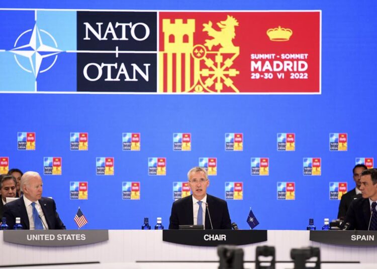 NATO calls Russia its ‘most significant and direct threat’ 1 - Egyptian Gazette NATO Secretary General Jens Stoltenberg centre, flanked by Spanish Prime Minister Pedro Sanchez, (R), and US President Joe Biden open the first plenary session of the NATO summit in Madrid, on Wednesday, June 29, 2022.