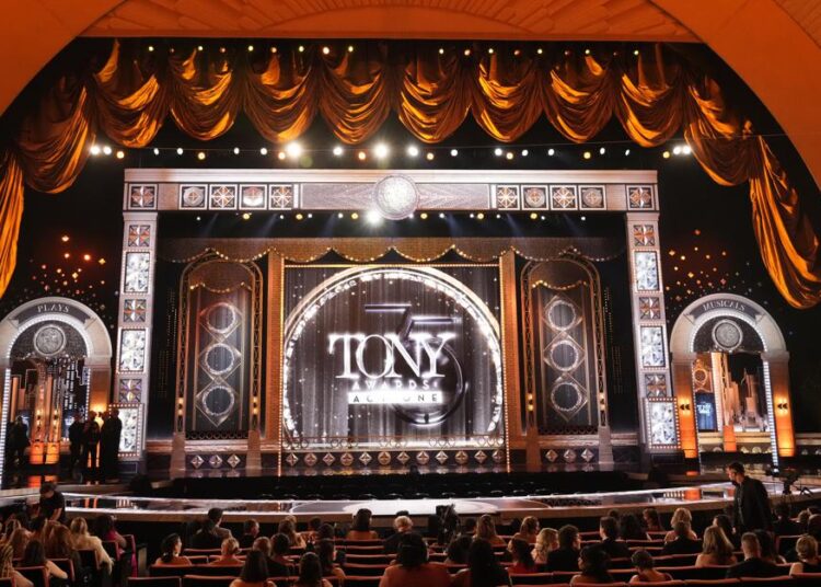 A view of the stage appears before the start of the 75th annual Tony Awards on Sunday, June 12, 2022, at Radio City Music Hall in New York.