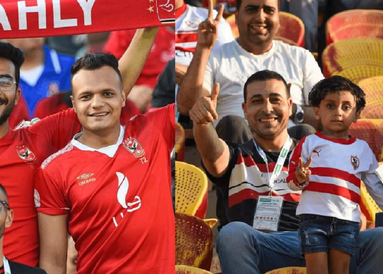 Al-Ahly and Zamalek’s supporters cheer ahead of the Egyptian Premier League match between Al-Ahly and Zamalek at Al-Ahly WE Al-Salam Stadium.