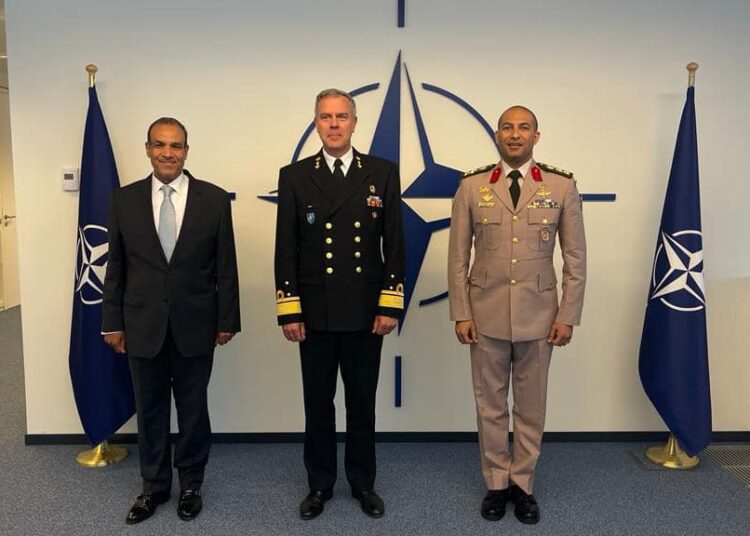 Egypt’s Ambassador in Brussels Badr Abdel Aati (1st L) with Chair of NATO's Military Committee Admiral Rob Bauer (C).