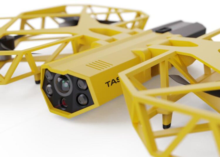 This photo provided by Axon Enterprise depicts a conceptual design through a computer-generated rendering of a taser drone. Taser developer Axon says it is working to build drones armed with the electric stunning weapons that could fly in schools and “help prevent the next Uvalde, Sandy Hook, or Columbine.” But its own technology advisers quickly panned the idea as a dangerous fantasy.
