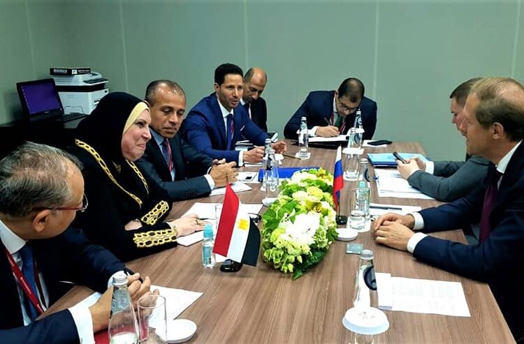 Egyptian Minister of Trade and Industry Nevine Gamea during a meeting with her Russian counterpart Denis Manturov on the sidelines of her participation at the St. Petersburg International Economic Forum.