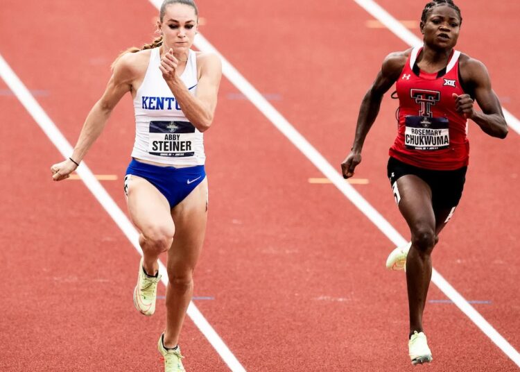 Abby Steiner (L) was prepared to produce a personal best to fend off a Jamaican triple threat at the World Championships.