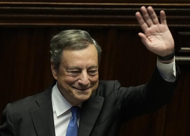 Italy’s Draghi resigns, spelling trouble for nation, Europe 1 - Egyptian Gazette Italian Premier Mario Draghi waving to lawmakers at the end of his address at the Parliament in Rome, Thursday. Premier Mario Draghi's national unity government headed for collapse Thursday after key coalition allies boycotted a confidence vote, signaling the likelihood of early elections and a renewed period of uncertainty for Italy and Europe at a critical time.