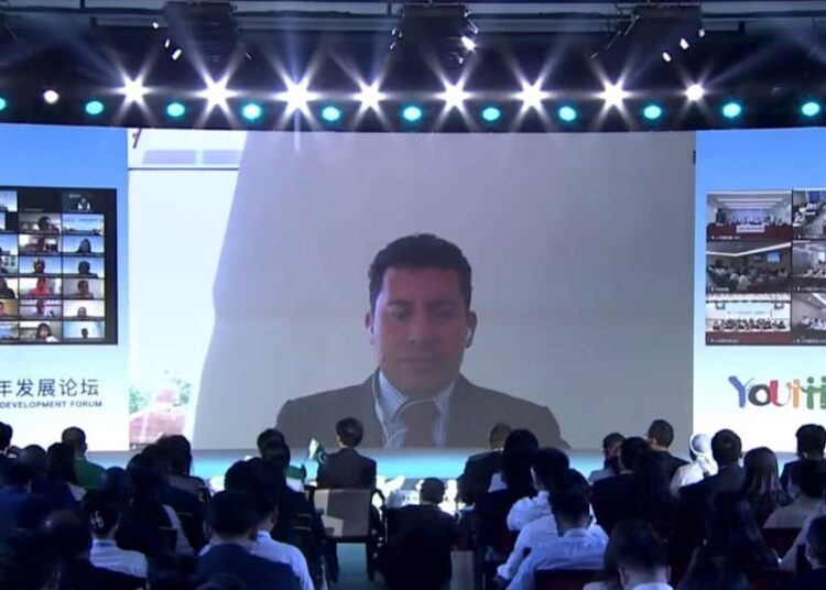 Ashraf Sobhi speaking to the World Youth Development Forum via video conference.