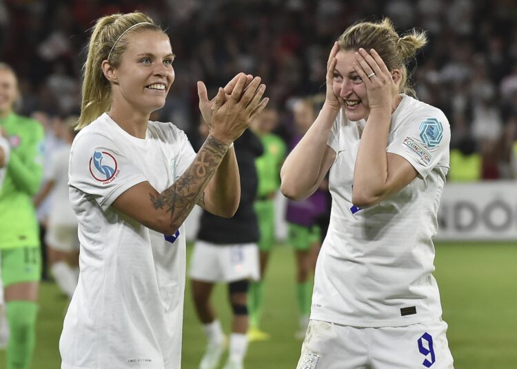 England and Germany set for historic Euro 2022 final 1 - Egyptian Gazette England's Leah Williamson (L) and Ellen White celebrate after they won the Women Euro 2022 semi-final match against Sweden in Sheffield, England.