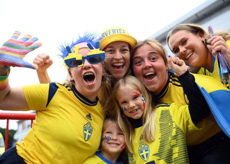 Sweden fans show their support outside the stadium prior to the UEFA Women's Euro 2022 quarter-final match against Belgium.