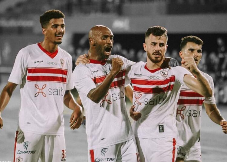 Zamalek defender Mahmoud Hamdi el-Wensh (3rd L) celebrates after scoring his side’s goal against Future FC.