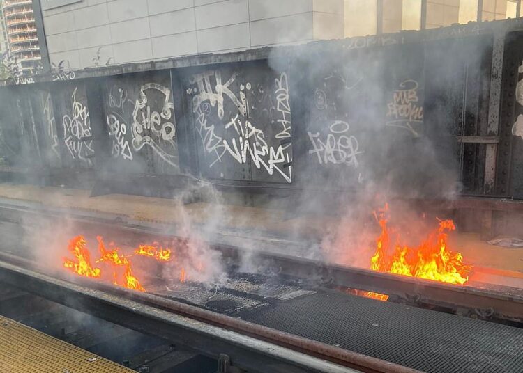 This blaze on a bridge in Battersea, South London, saw rail services between Victoria and Brixton suspended this morning.