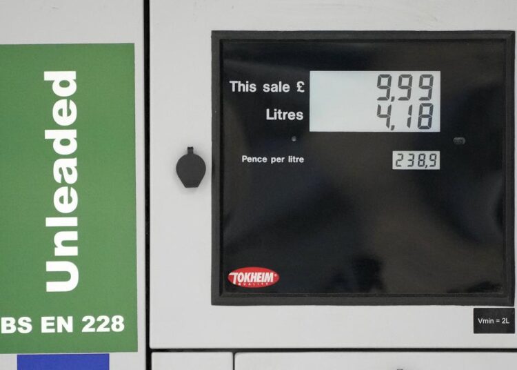 A file photo showing a diesel price of 238,9 pence per litre is displayed on a petrol pump at a petrol station in London, on Thursday, June 9, 2022.