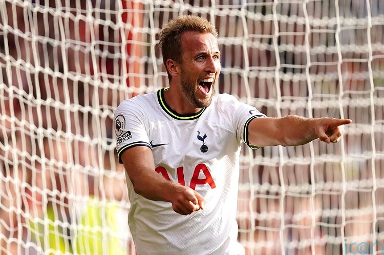 Tottenham’s Harry Kane celebrates after scoring his side’s second goal against Nottingham Forest.