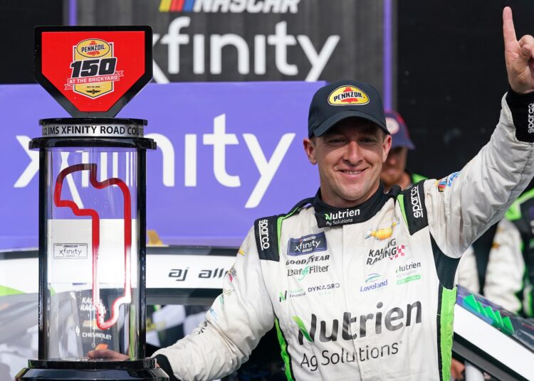 Allmendinger remains king of Indy's road 1 - Egyptian Gazette AJ Allmendinger celebrates after winning the NASCAR Xfinity Series auto race at Indianapolis Motor Speedway in Indianapolis.