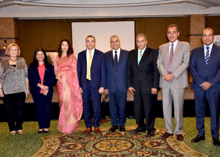 Indian Ambassador in Cairo Ajit Gupte (5thR) and his spouse (3rdL) during the event to mark the 75th anniversary of establishing diplomatic relations between India and Egypt.